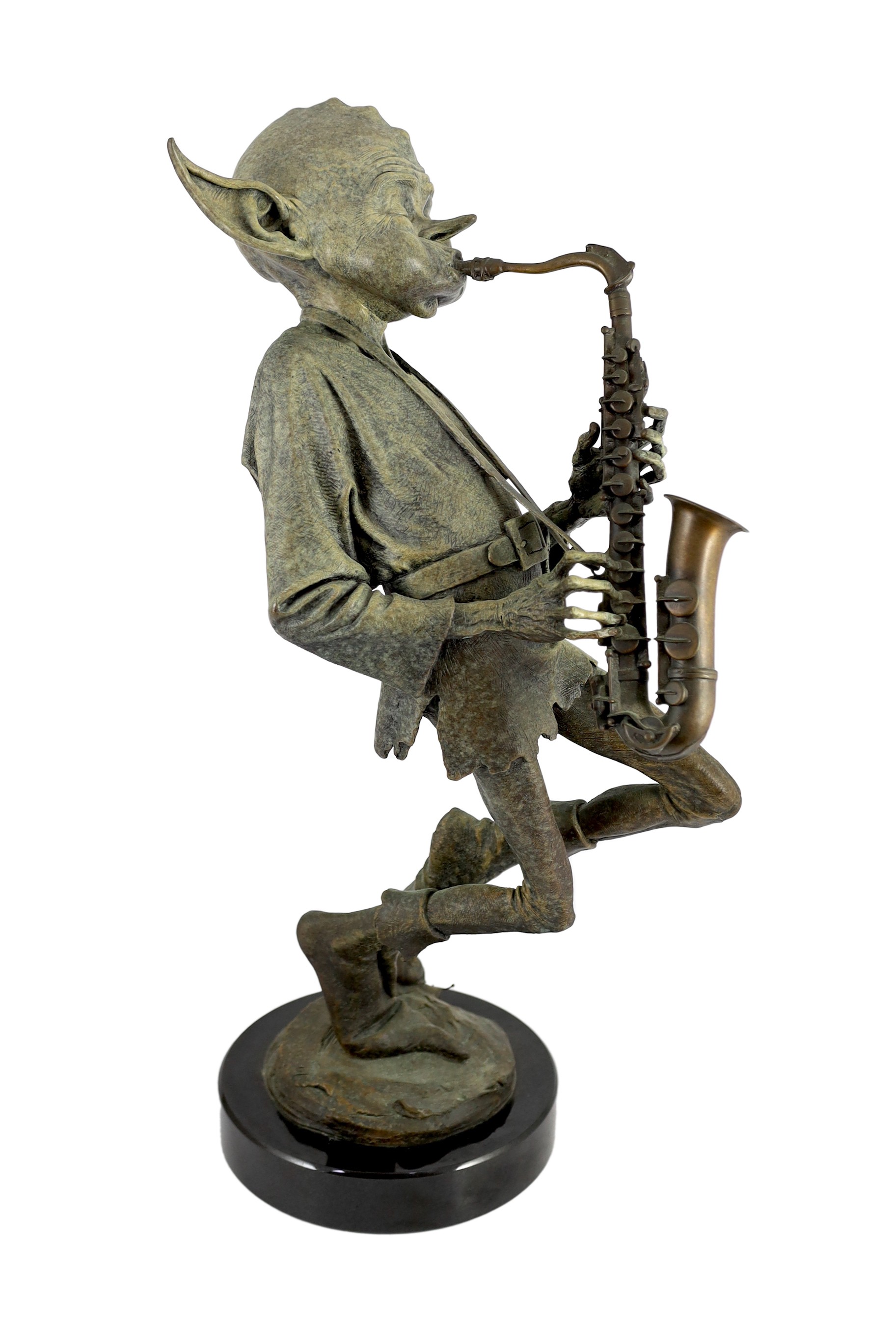 David Goode (British, b.1966). A bronze of a pixie saxophone player, height 61cm